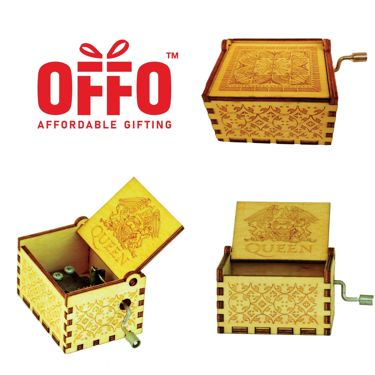 Queen Wooden Hand Cranked Engraved Music Box