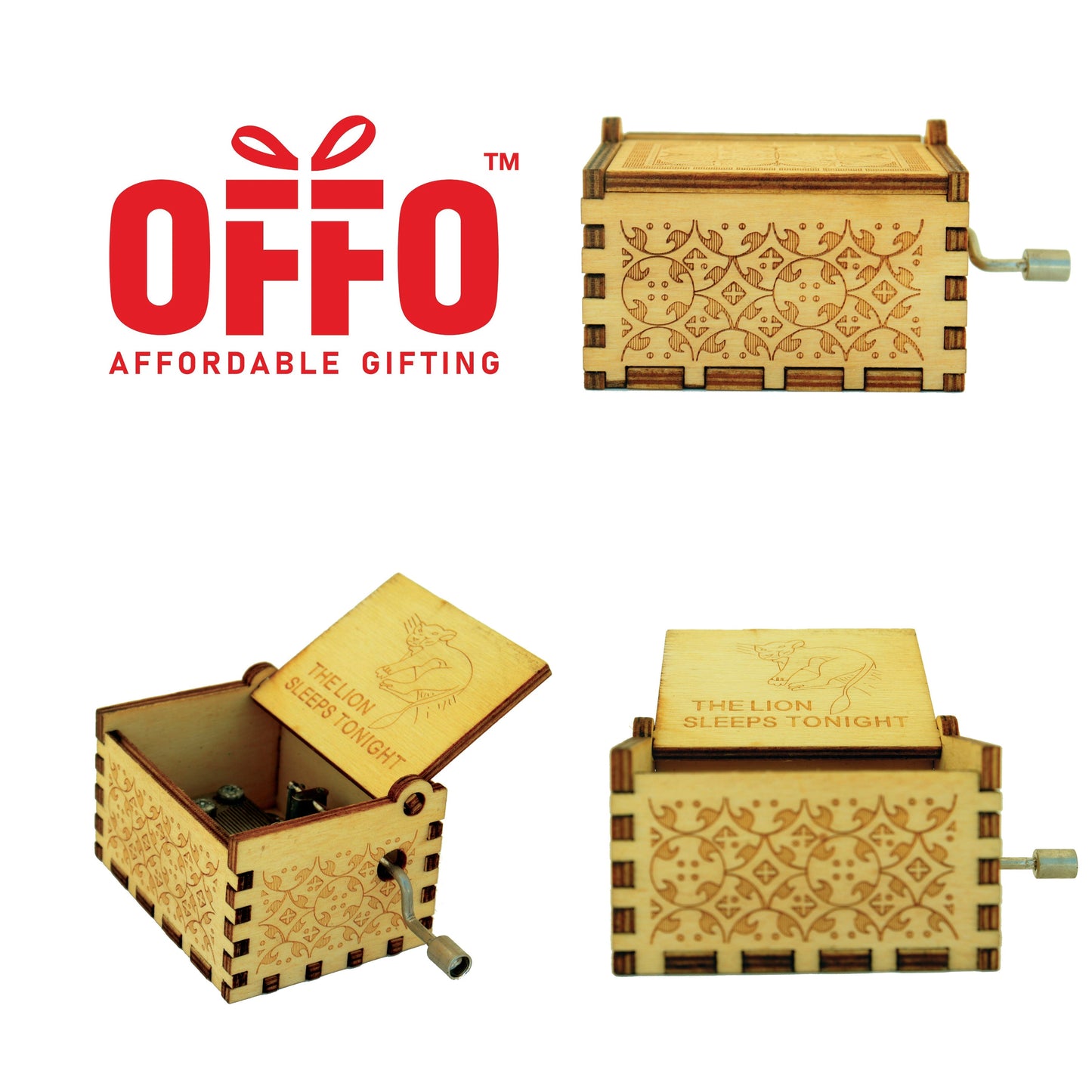 Lion Sleeps Tonight Wooden Hand Cranked Engraved Music Box